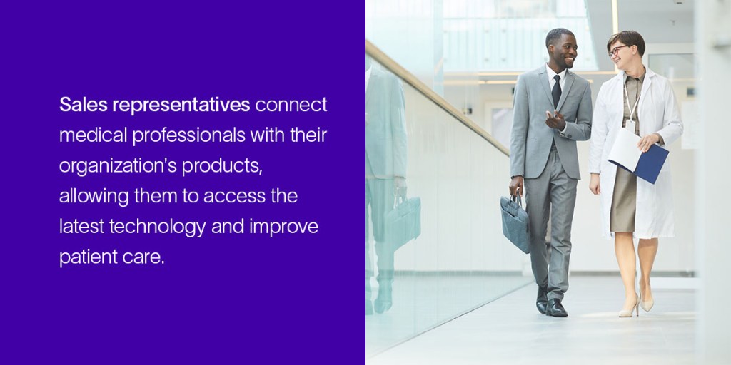 A man in a suit and a woman in a white coat walk side-by-side, representing medical and sales professionals.