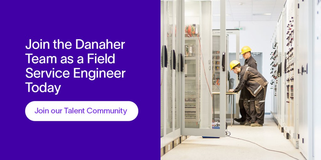 Two field service engineers on a job site, a reminder to join the Danaher team as an engineer.