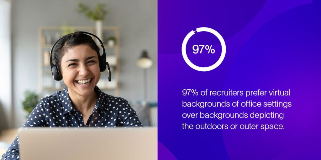 A woman smiles while wearing a headset, with an office background that is preferred by recruiters