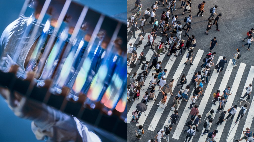 Aerial view of a crowd of people walking in a crosswalk