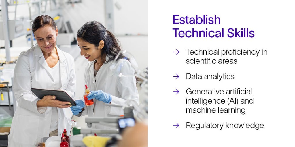 Two female professionals in the biotechnology field review data