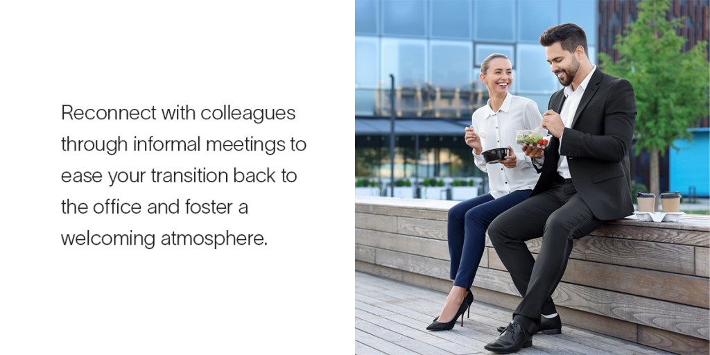 Two workers eat lunch together outside of their office